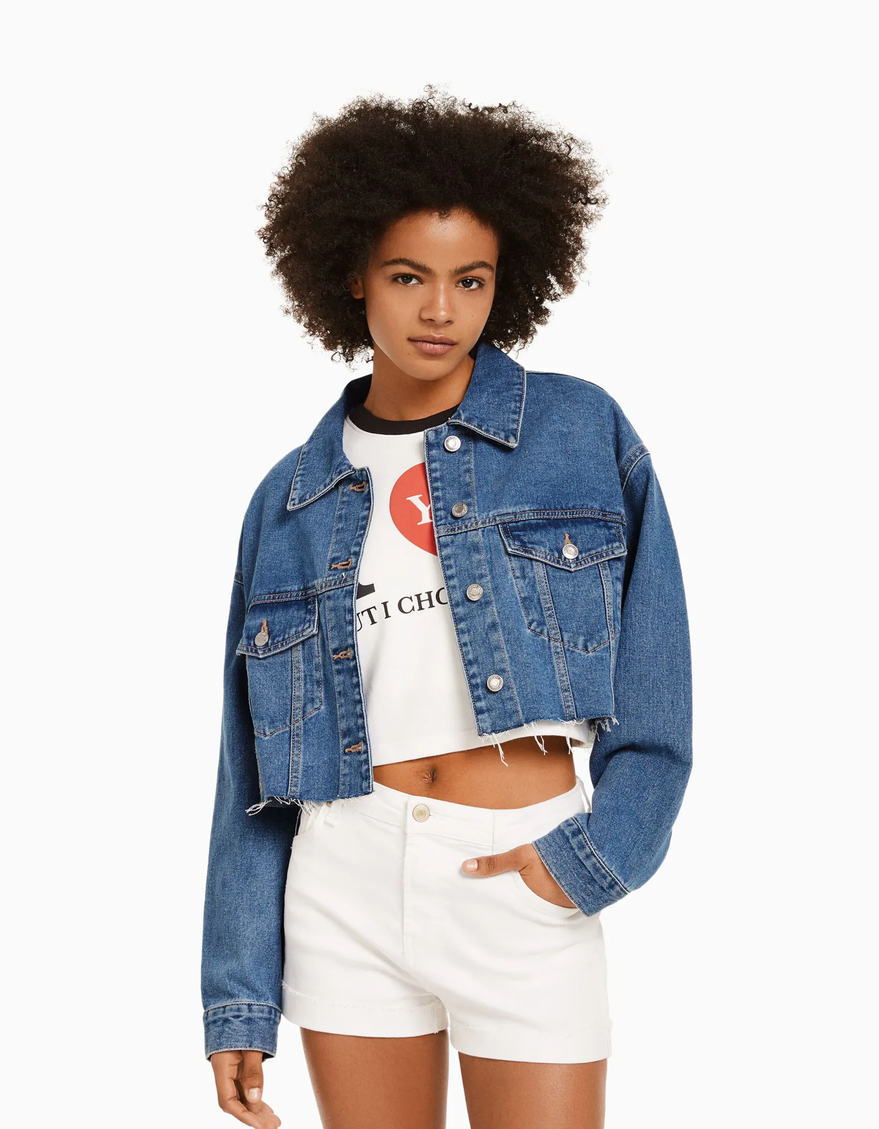 BERSHKA Veste en jean courte Bleu clair Outlet
