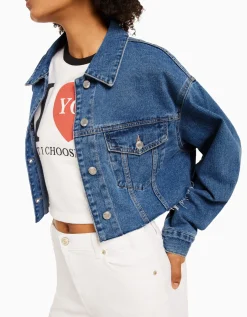 BERSHKA Veste en jean courte Bleu clair Outlet