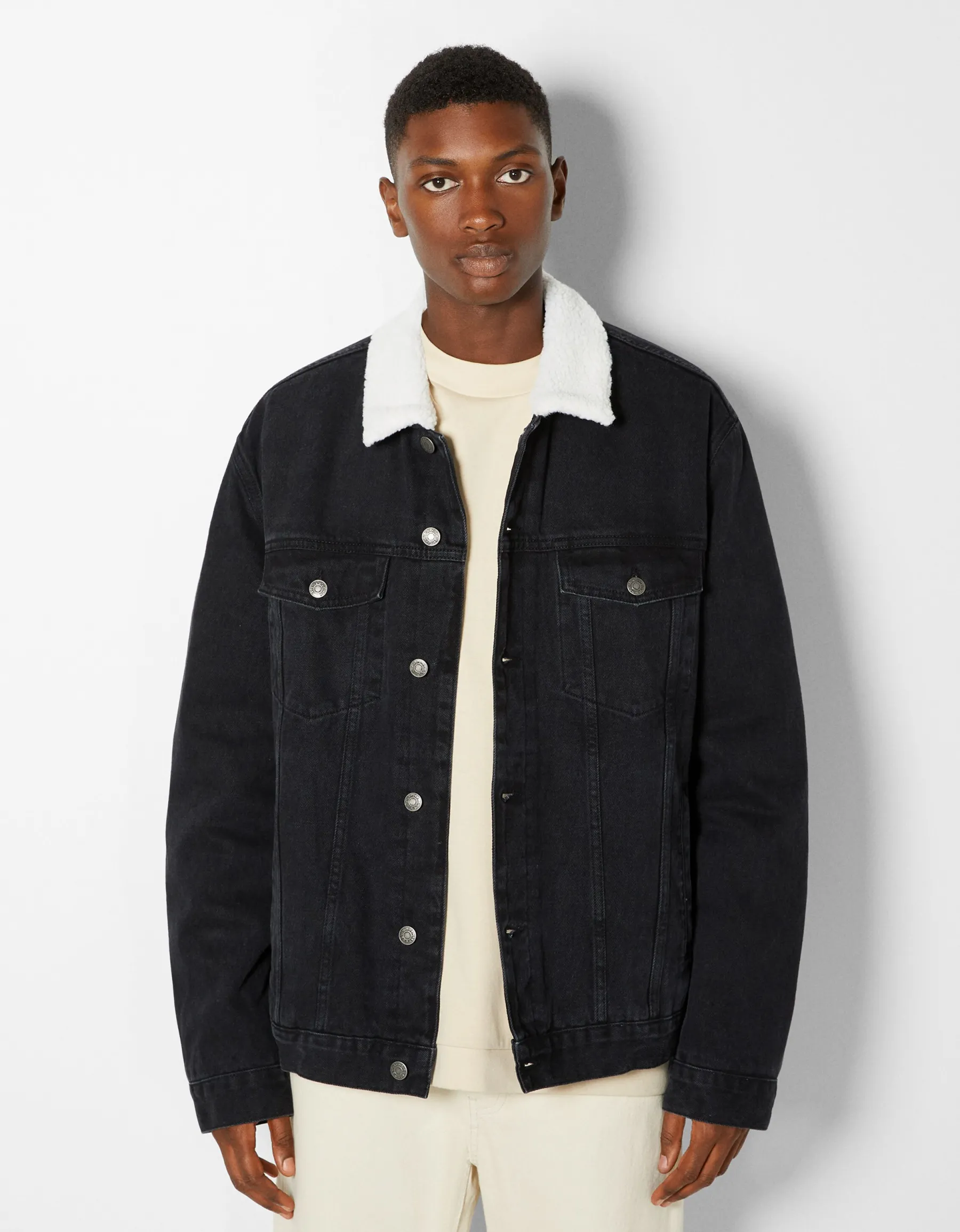 BERSHKA Veste en jean doublure polaire Bleu Best