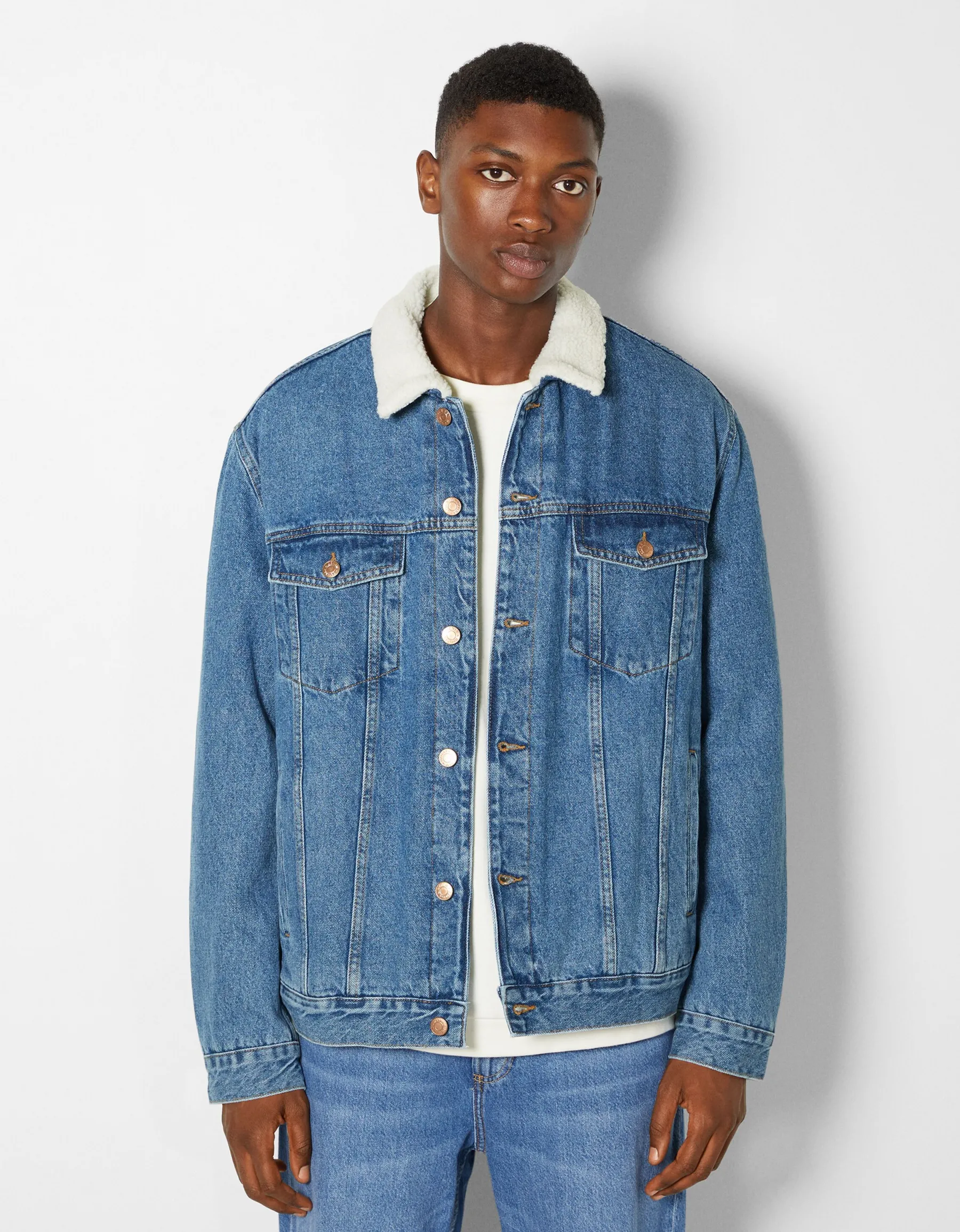 BERSHKA Veste en jean doublure polaire Bleu New