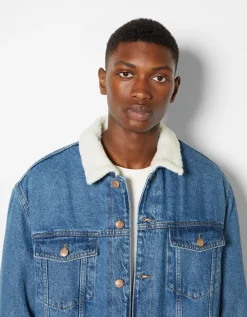 BERSHKA Veste en jean doublure polaire Bleu New