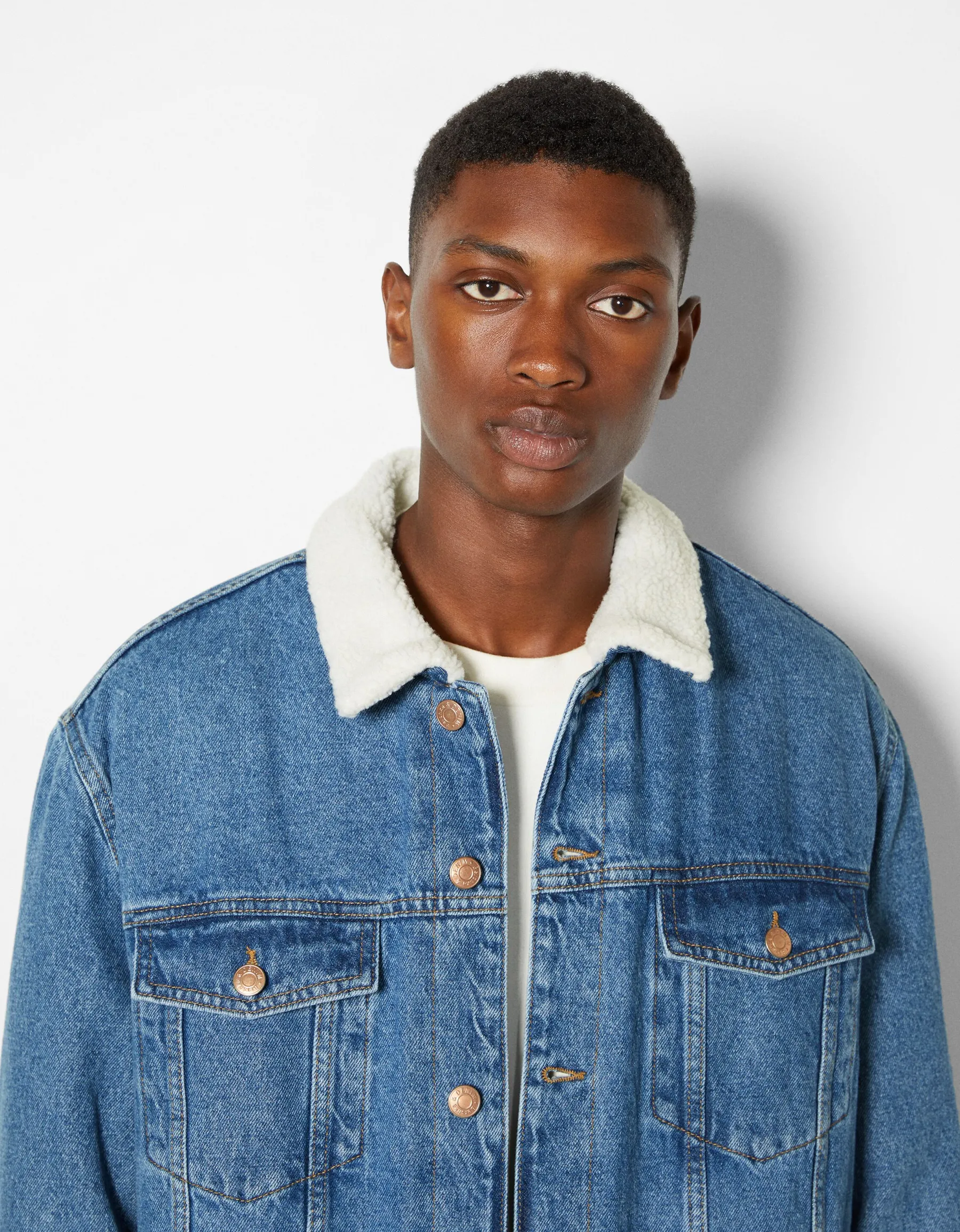 BERSHKA Veste en jean doublure polaire Bleu New
