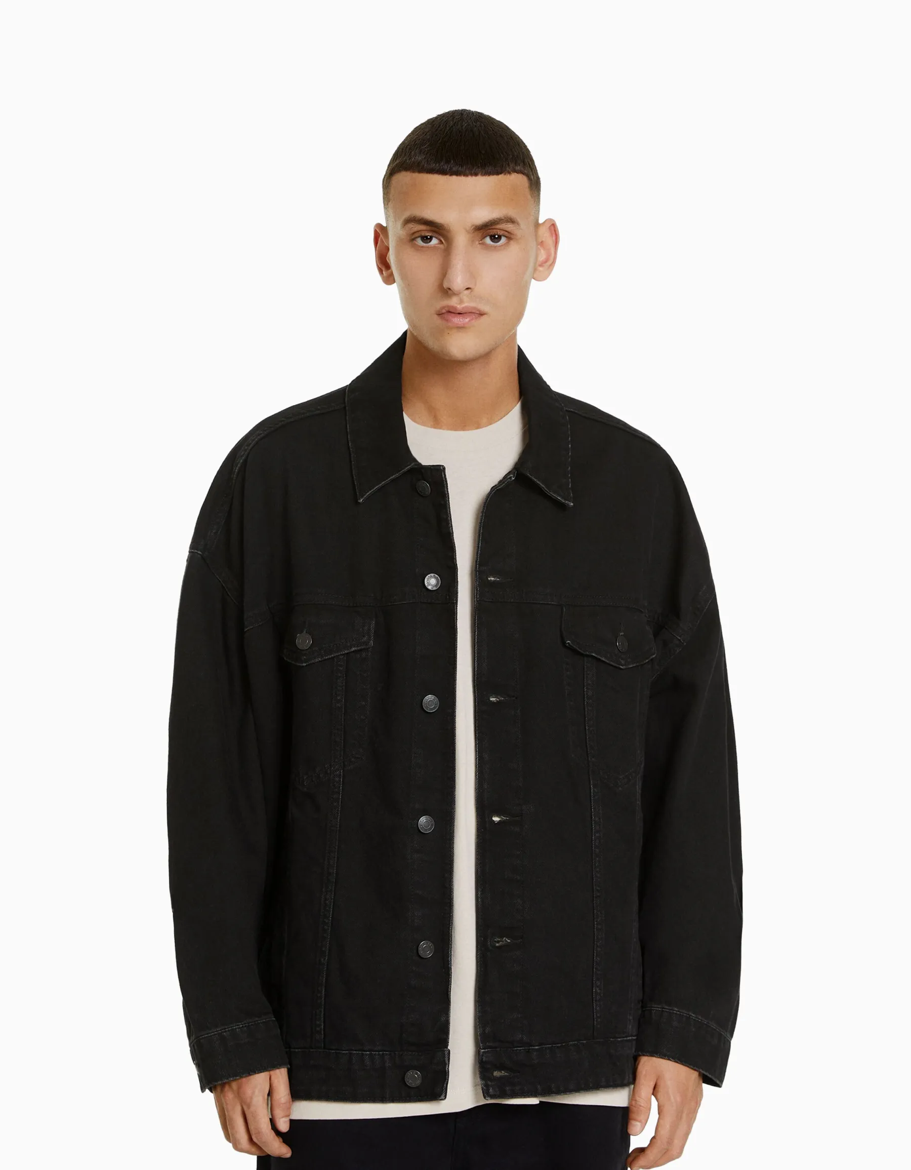 BERSHKA Veste en jean oversize Noir Cheap