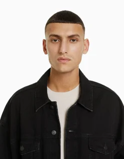 BERSHKA Veste en jean oversize Noir Cheap