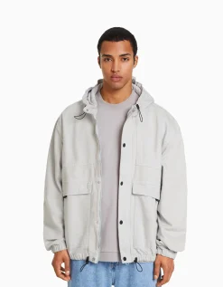 BERSHKA Veste en jean parachute capuche Gris Outlet