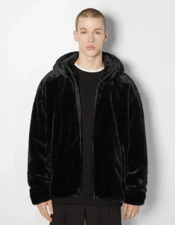 BERSHKA Veste polaire à capuche Noir Hot