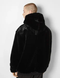 BERSHKA Veste polaire à capuche Noir Hot