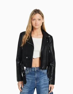 BERSHKA Veste style motard similicuir ceinture Noir Best