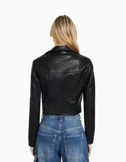 BERSHKA Veste style motard similicuir ceinture Noir Best