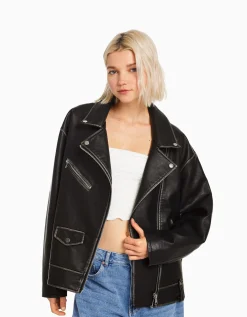 BERSHKA Veste style motard similicuir ceinture Blanc cassé Cheap