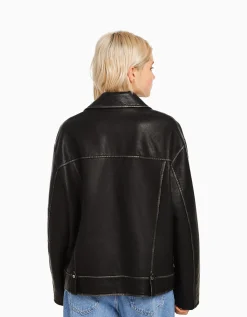 BERSHKA Veste style motard similicuir ceinture Blanc cassé Cheap