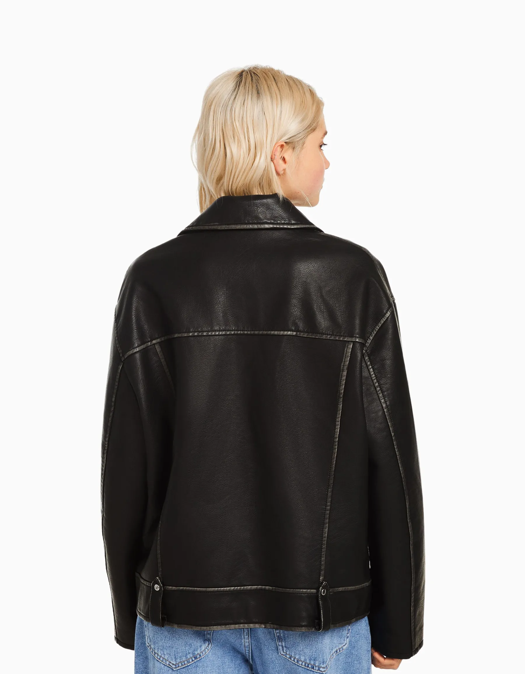 BERSHKA Veste style motard similicuir ceinture Blanc cassé Cheap