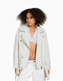 BERSHKA Veste style motard similicuir ceinture Blanc cassé New