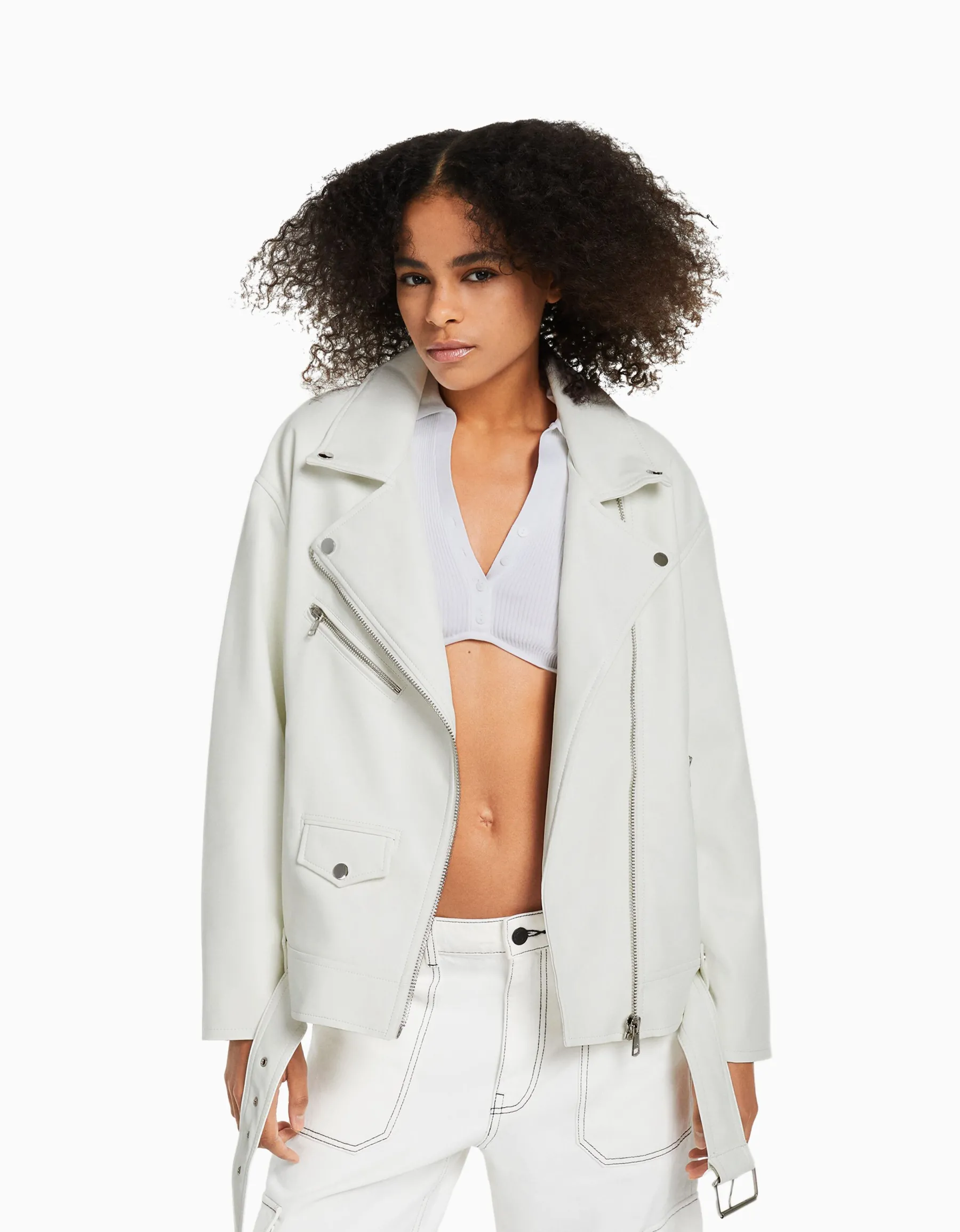BERSHKA Veste style motard similicuir ceinture Blanc cassé New