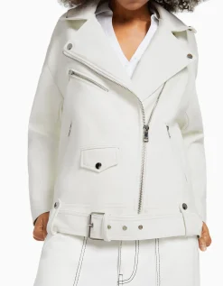 BERSHKA Veste style motard similicuir ceinture Blanc cassé New