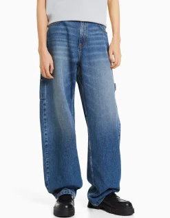 BERSHKA Wide balloon leg carpenter jeans with detailing Bleu lavé Online