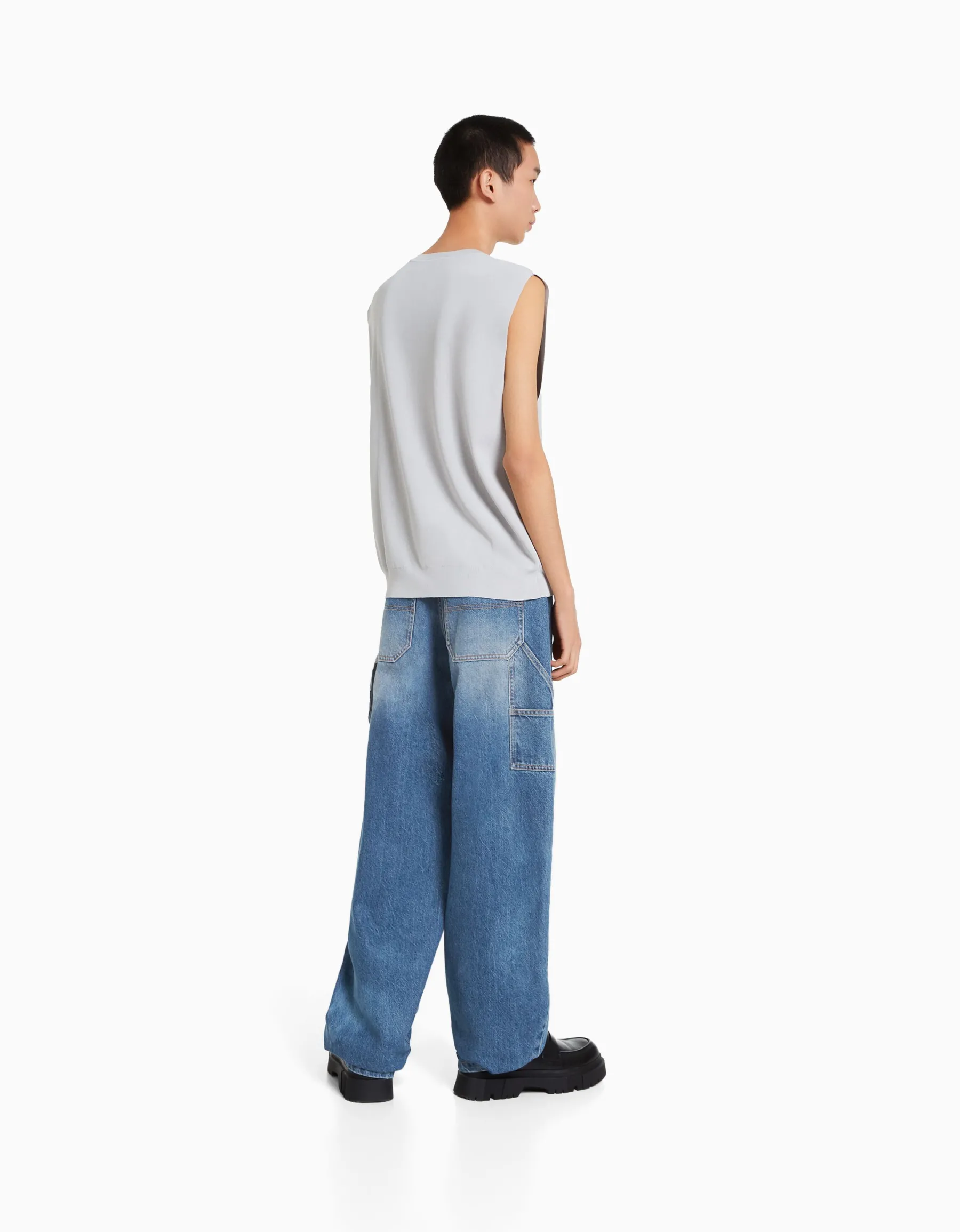 BERSHKA Wide balloon leg carpenter jeans with detailing Bleu lavé Online