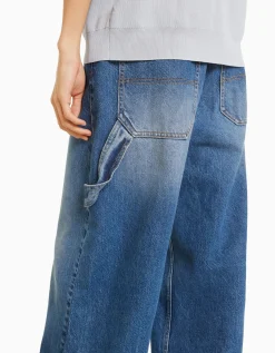 BERSHKA Wide balloon leg carpenter jeans with detailing Bleu lavé Online